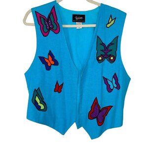 Tipicano Womens Vest Blue Size Medium Butterfly Applique Art To Wear Pure Cotton